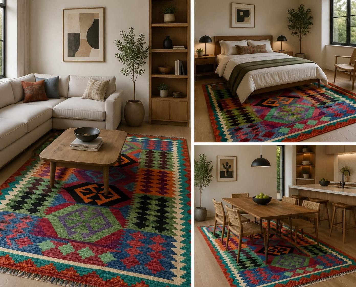 Same carpet styled across living room, bedroom, and dining spaces