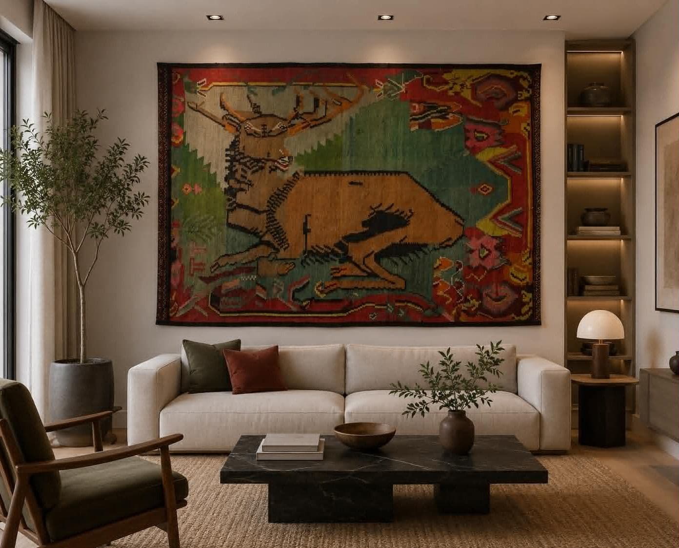 Handmade carpet hung as wall art above a living room sofa
